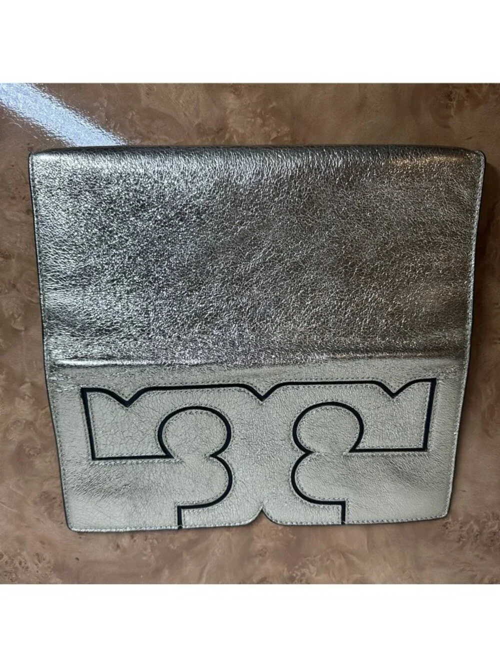 Tory Burch Metallic Gold Leather Logo Envelope Clutch Oversized Double T